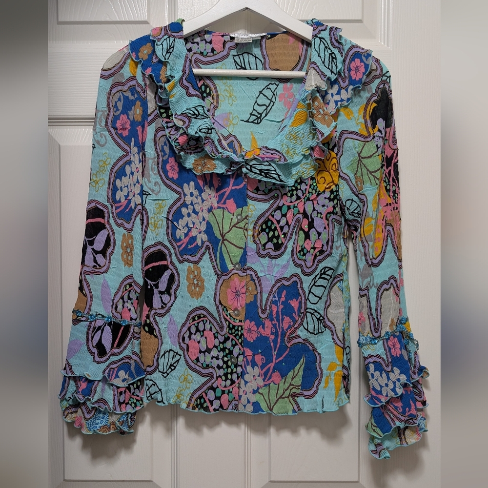 Alberto Makali Crinkly Ruffled Blouse Sequin Floral Teal Blue Size Medium M